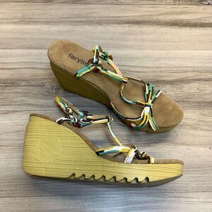 Anthropologie Farylrobin Womens Size 9 Wedge Ankle Strappy Yellow Sandals Boho